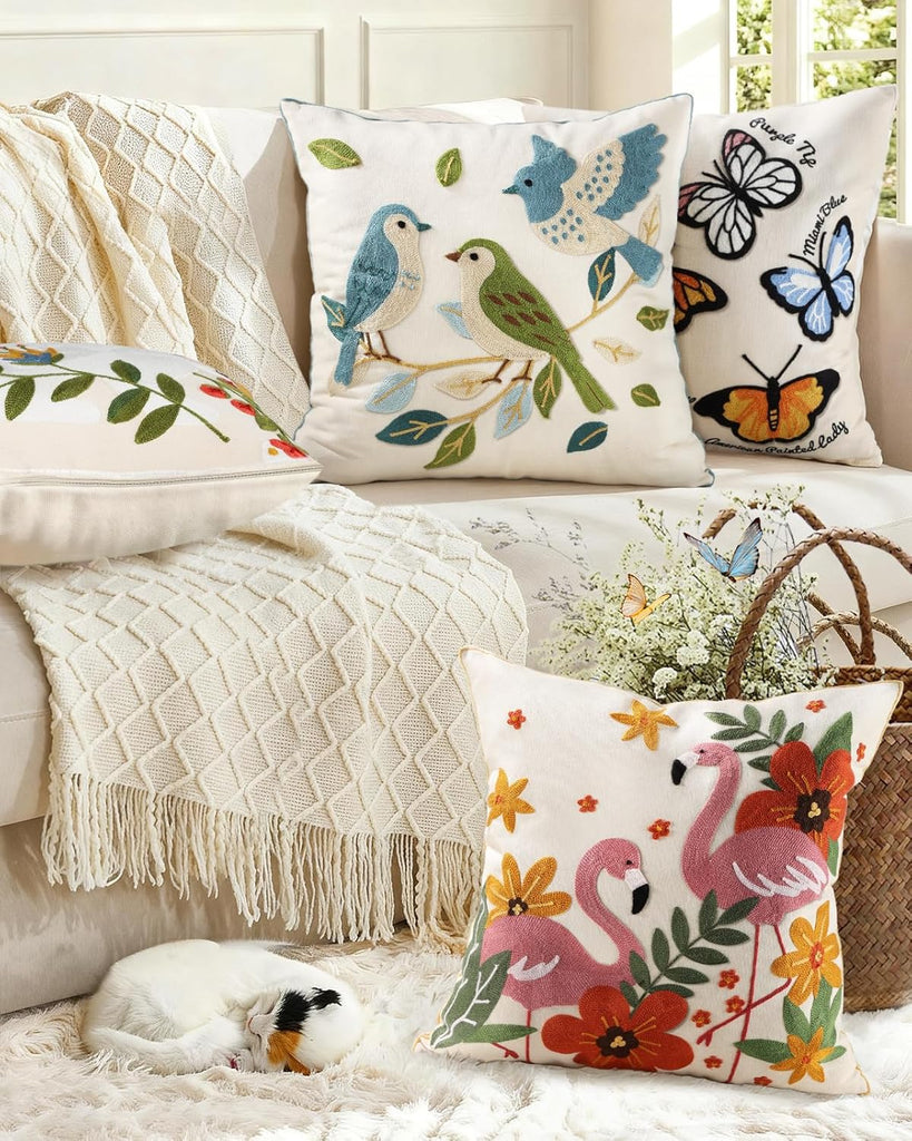 Embroidered Throw Pillow Cover 18x18 Inch - Summer Farmhouse Decorative Pillow Covers with Zipper, Birds Leaves