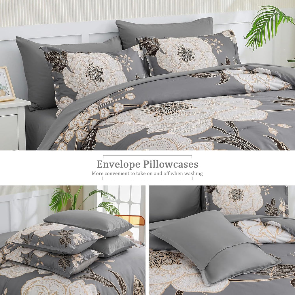 Floral King Comforter Set 7 Pieces Bed in a Bag, White Flower Print on Grey Bedding Set