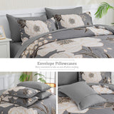 Luxudecor Floral King Comforter Set 7 Pieces Bed in a Bag, White Flower Print on Grey Bedding Set