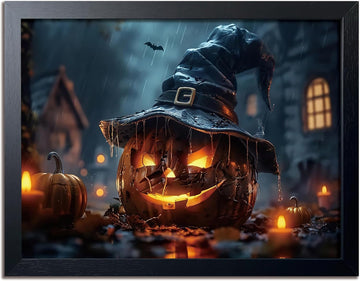 Wood Framed Dark Halloween Pumpkin Wall Art, Gothic Witch Hat Jack-o'-Lantern Canvas Print, Dark Academia Spooky