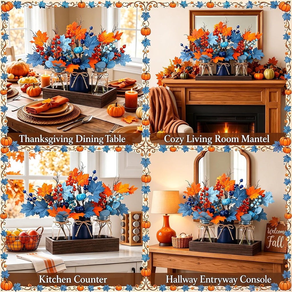 Navy Blue and Burnt Orange Fall Mason Jar Centerpiece - Set of 3