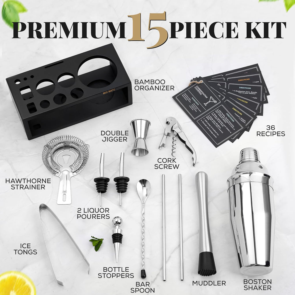 Mixology Bartender Kit with Stand - Bar Tool Set, Silver Bar Set Cocktail Shaker Set for Drink Mixing - Set of 15