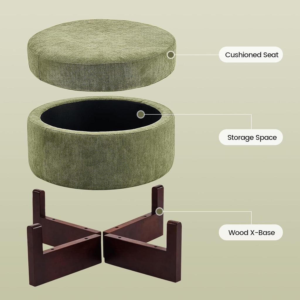 26Inch Round Storage Ottoman, Modern Chenille Upholstered Ottoman with Storage, Ottoman Coffee Table with Removable