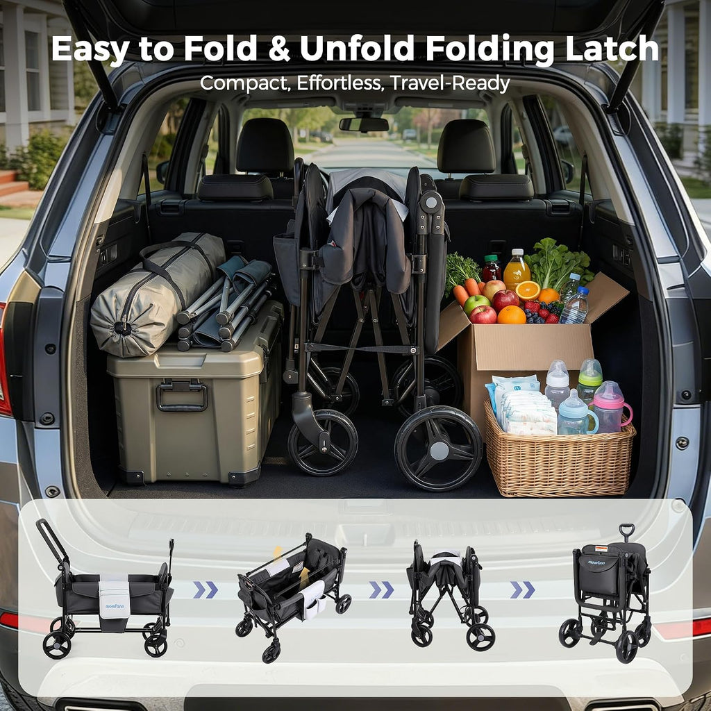 Wagon Stroller for 2 Kids, All-Terrain Foldable Baby Wagon, Gray