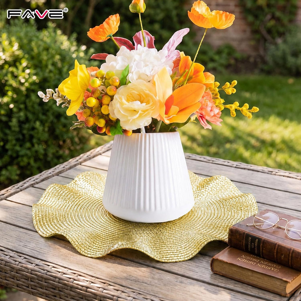 Gold Woven Placemats, Round Table Mats with Scalloped Edge - Set of 6