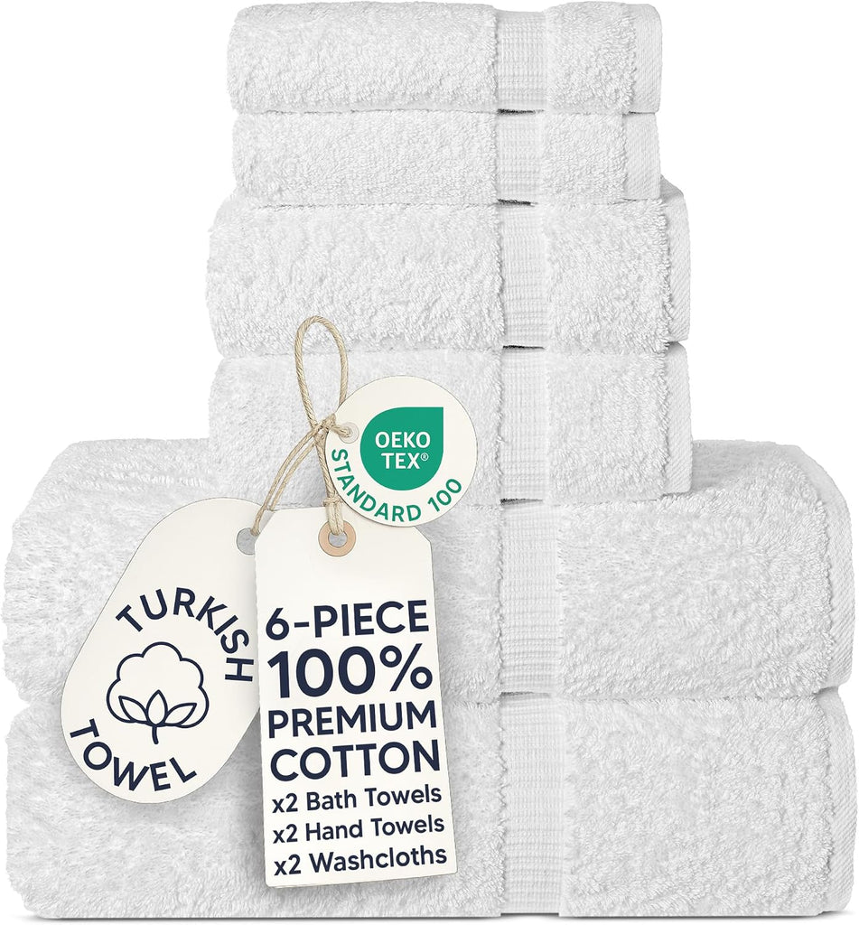 Luxury Spa and Hotel Quality Premium Turkish Cotton 6-Piece Towel Set (2 x Bath Towels, 2 x Hand Towels, 2 x