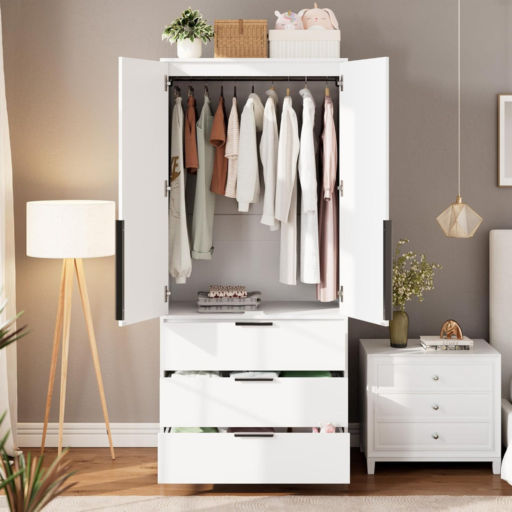 70" Wardrobe Armoire Wooden Closet with 3 Drawers, White | Bedroom Armoire with Hanging Rod Shelf, Large Capacity