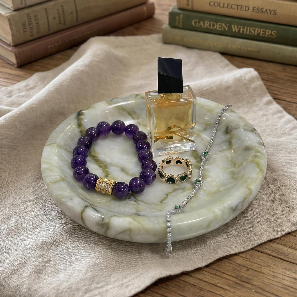 Natural Marble Jewelry Dish, 5.5 Inch Handcrafted Decorative Tray, Unique Stone Ring Holder for Earrings Necklace