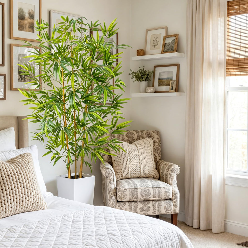 6FT Artificial Bamboo Tree with White Tall Planter, Faux Tree Indoor
