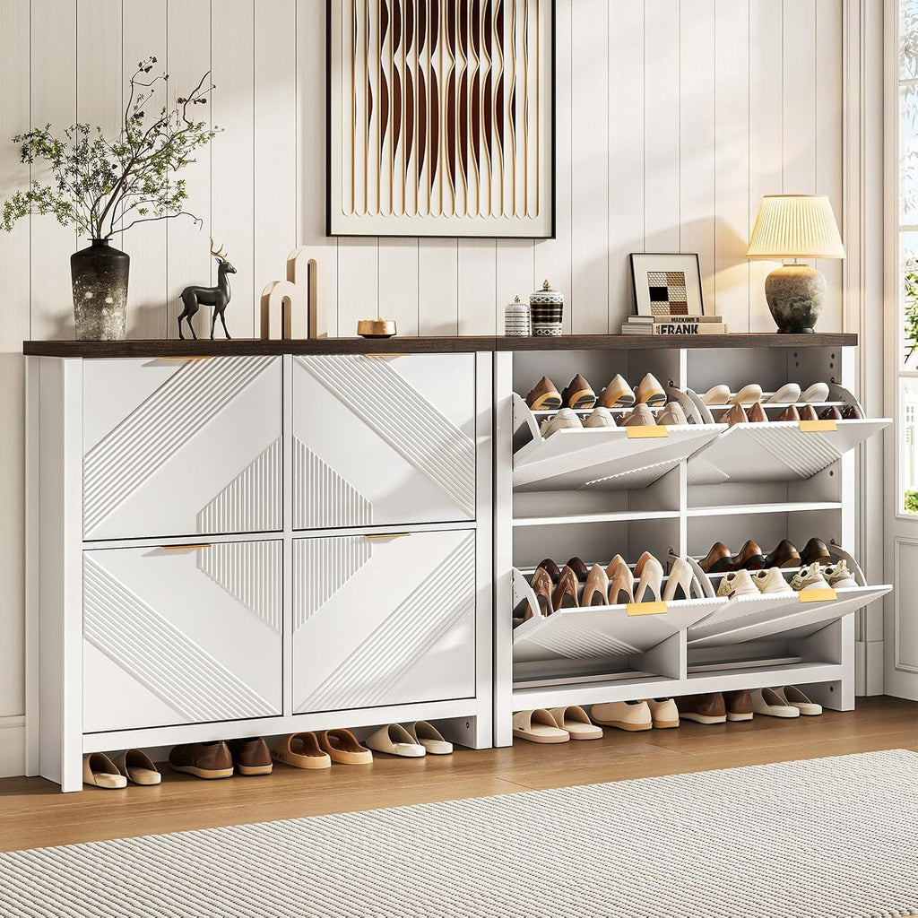 Shoe Cabinet with 4 Flip Drawers & Symmetric Groove Pattern | 44.5''W x 9.2''D x 39.4'' White Fit for 16-24 Pairs of
