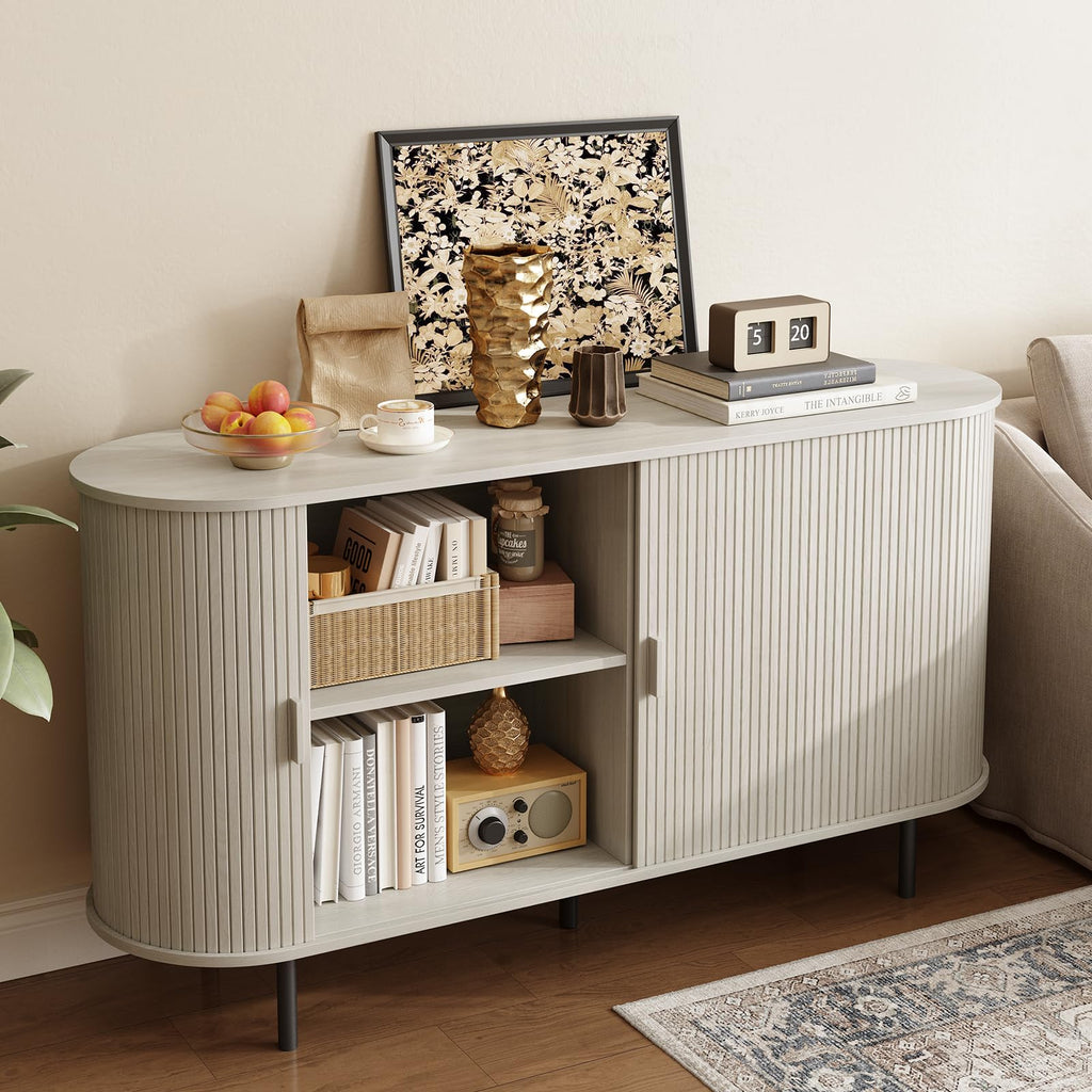 55" Sideboard Buffet Cabinet with Sliding Door, Natural White