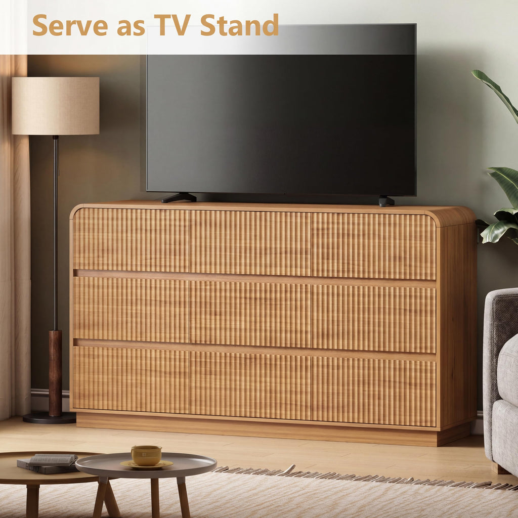 Walnut Dresser Fluted 9 Drawers Dresser, 59" Wide Wood Chest of Drawers with Hidden Handles & Rounded Corners