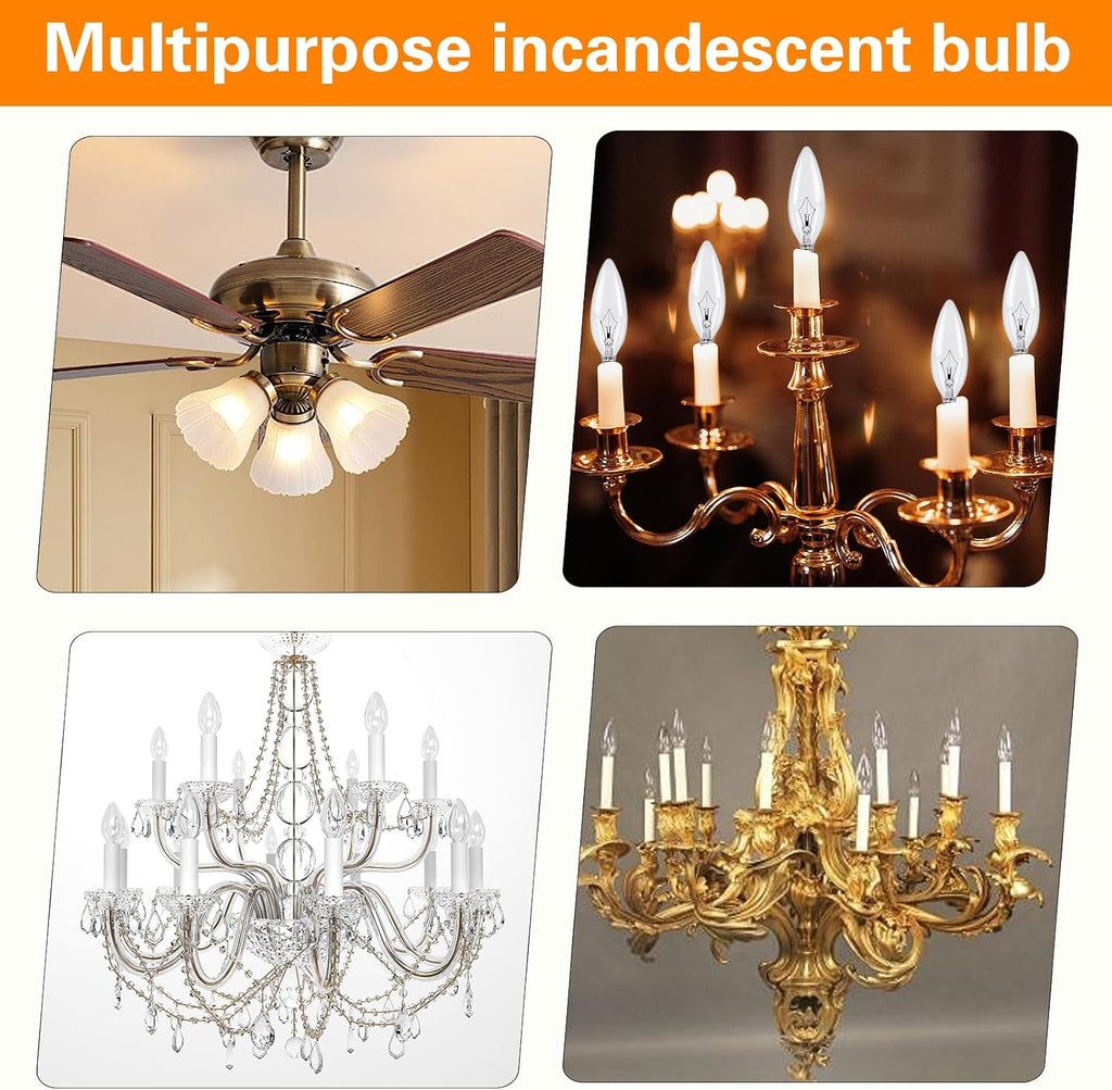 E12 Candle Light Bulbs, 60W Candelabra Light Bulbs, B10 Clear Candle Base Bulb with Warm White 2700K, 600 Lumen