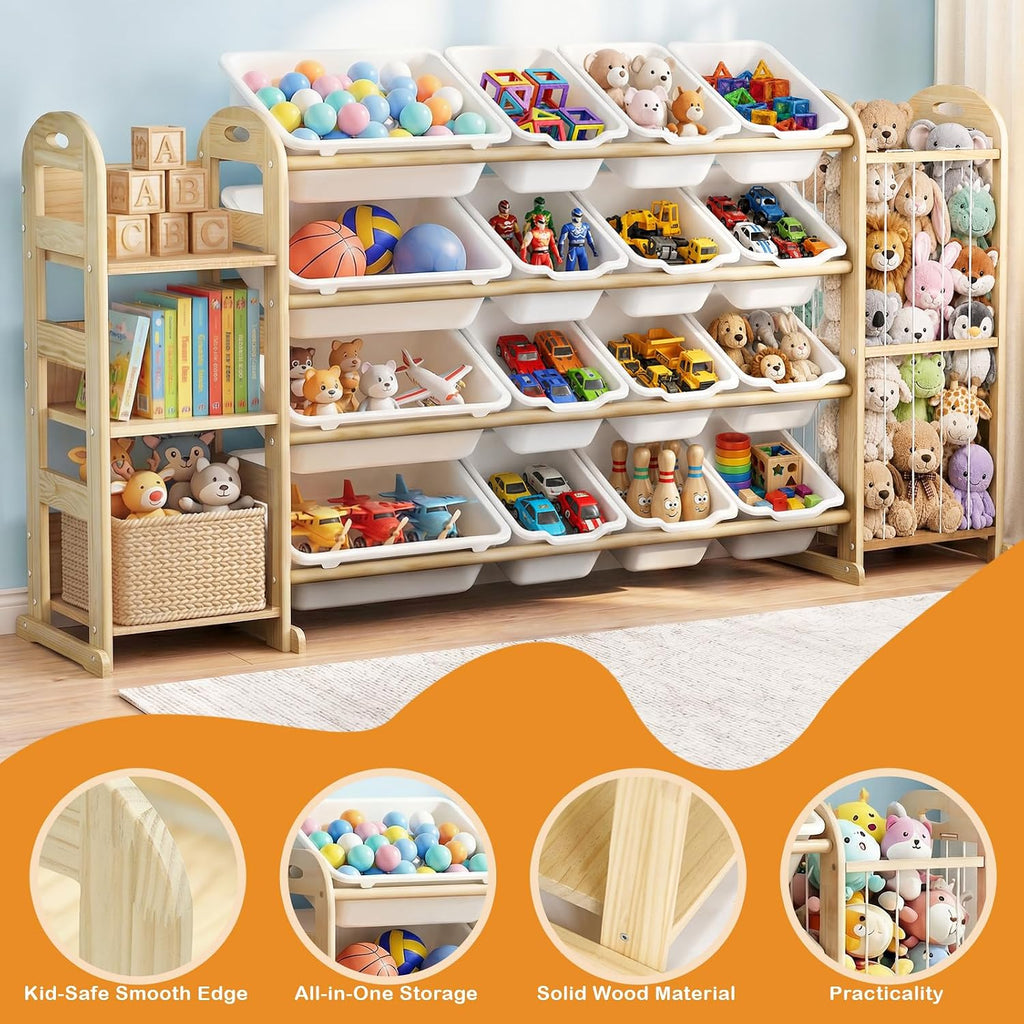 Large Toy Storage Organizer with 16 Bins, 3-Shelf Bookshelf, White | Toy Organizers with Stuffed Animal Storage
