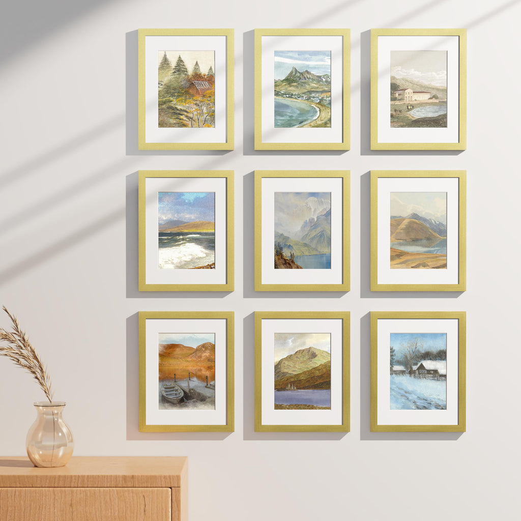 8.5x11 Picture Frames Set of 9 for Wall Mount or Tabletop, Gold