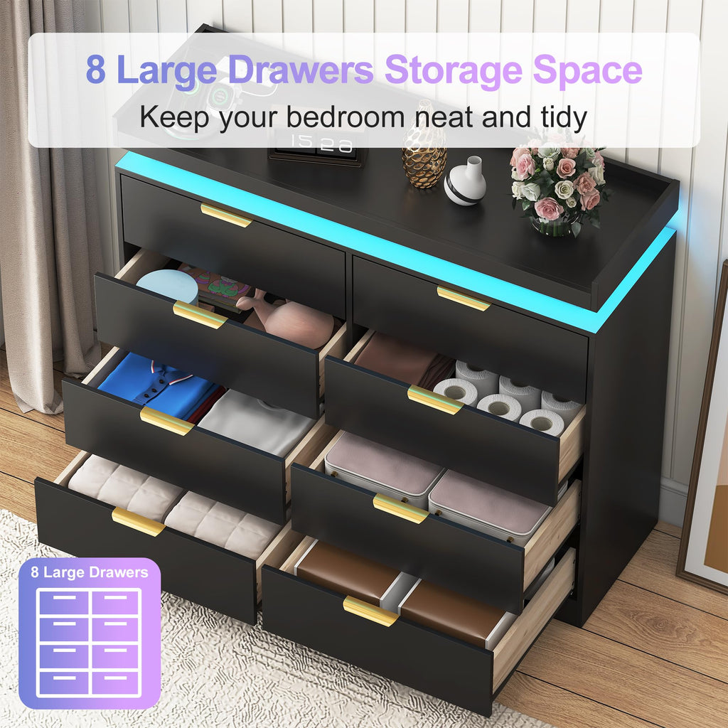 8 Drawer Dresser, Black Dresser with LED Lights and Power Outlet, Wooden Dressers Chests of Drawers, Double Wide