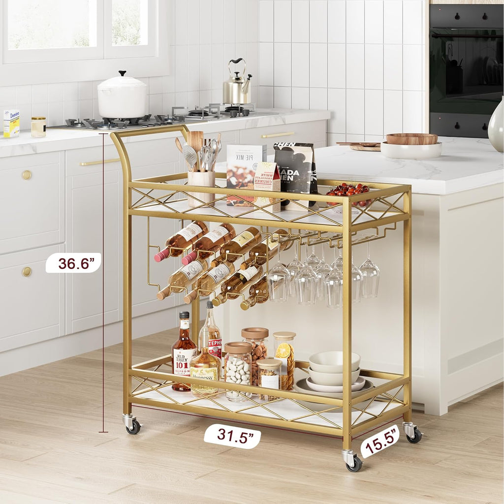 Gold Bar Cart, 2 Tier Bar Carts for The Home, Bar Carts with 4 Wheels, White Marble Finish Wood Shelf, Wine Rack &