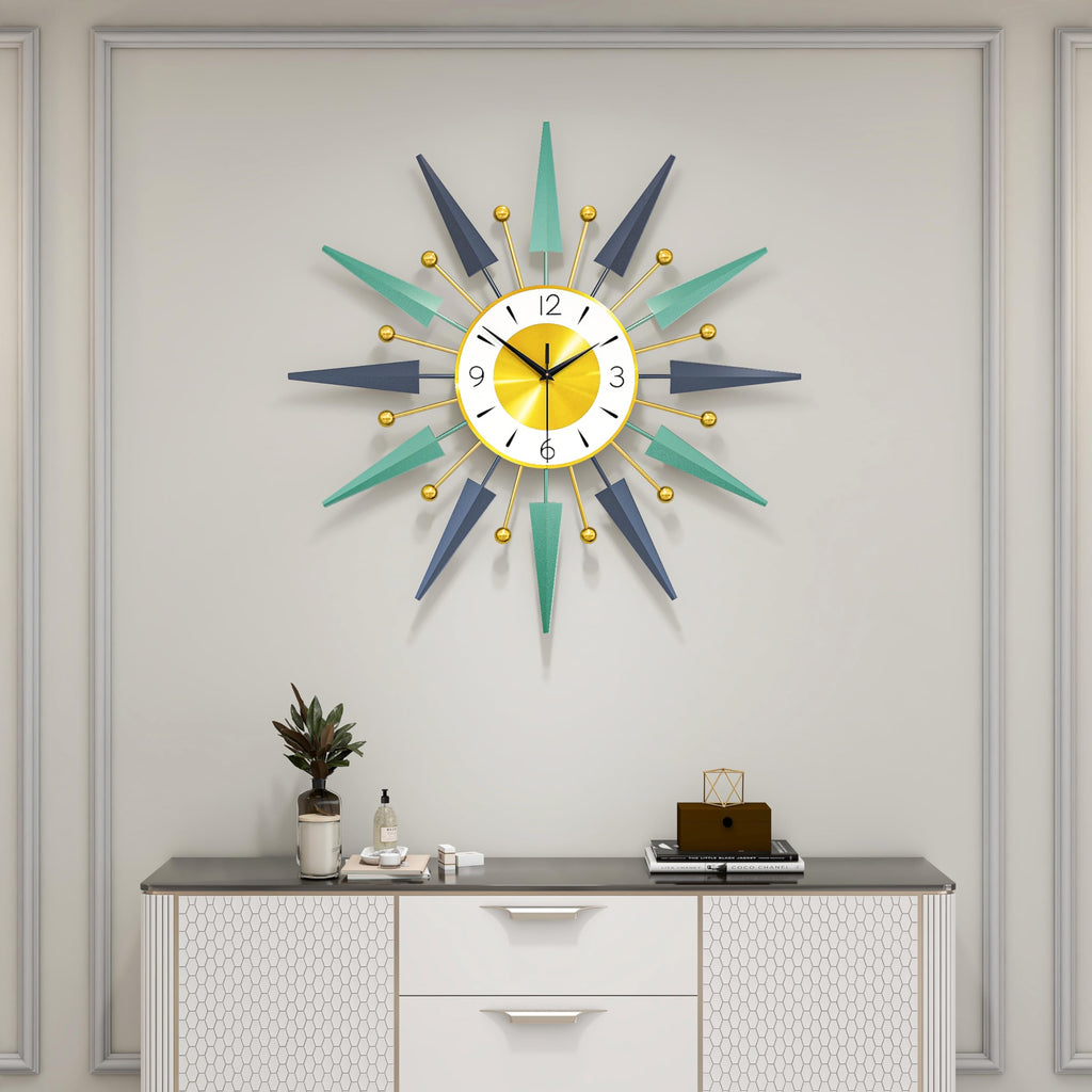 Large Modern Wall Clock Decor, 24 Inch Big Decorative Starburst Metal Wall Clock Battery Operated Bedroom
