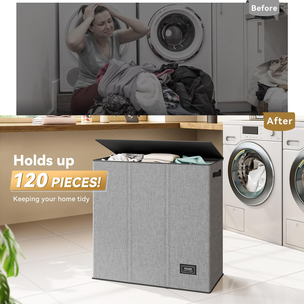 160L Laundry Hamper 3 Section, Extra Large Laundry Hamper with Lid, Dirty Clothes Hamper with Sturdy Handle, Large