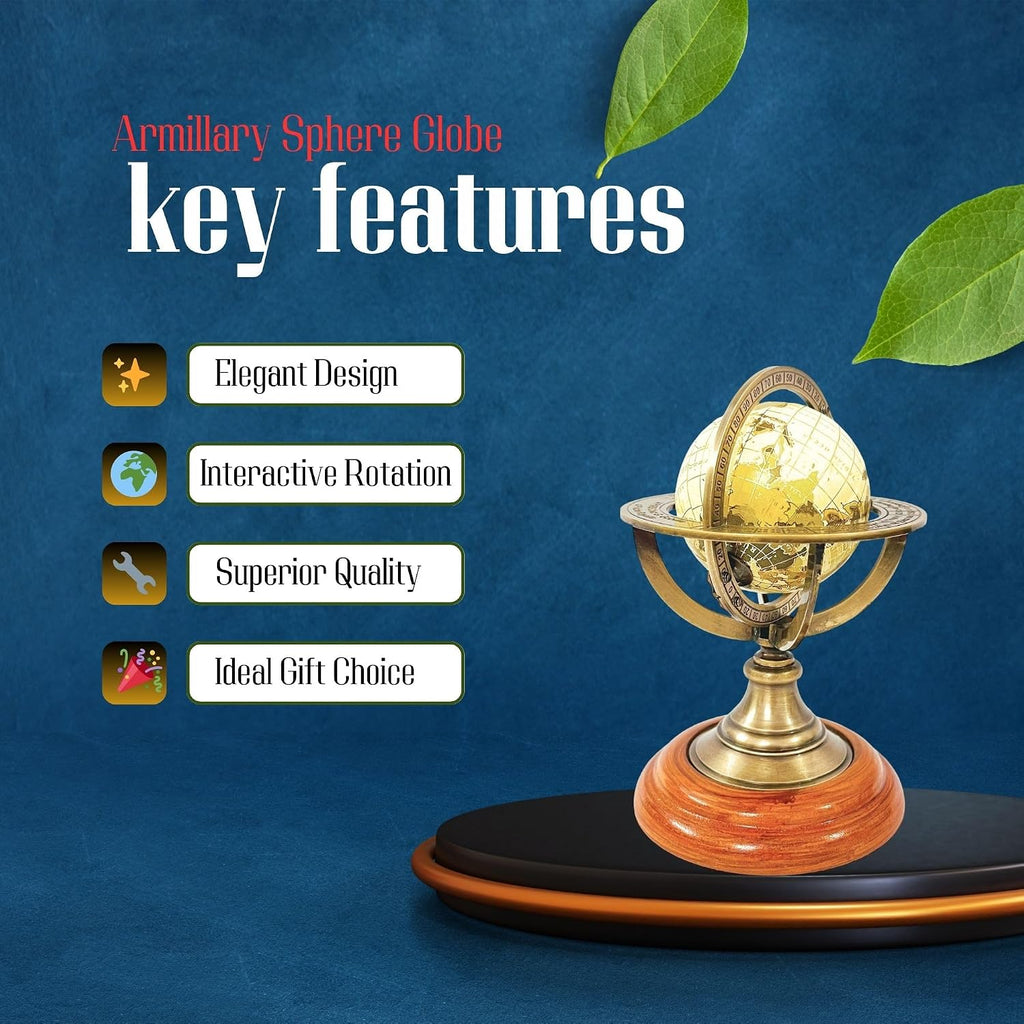 5.10" Nautical Brass Armillary Sphere World Globe with Light Lime Green Map, Natural Brown Wooden Base - Elegant
