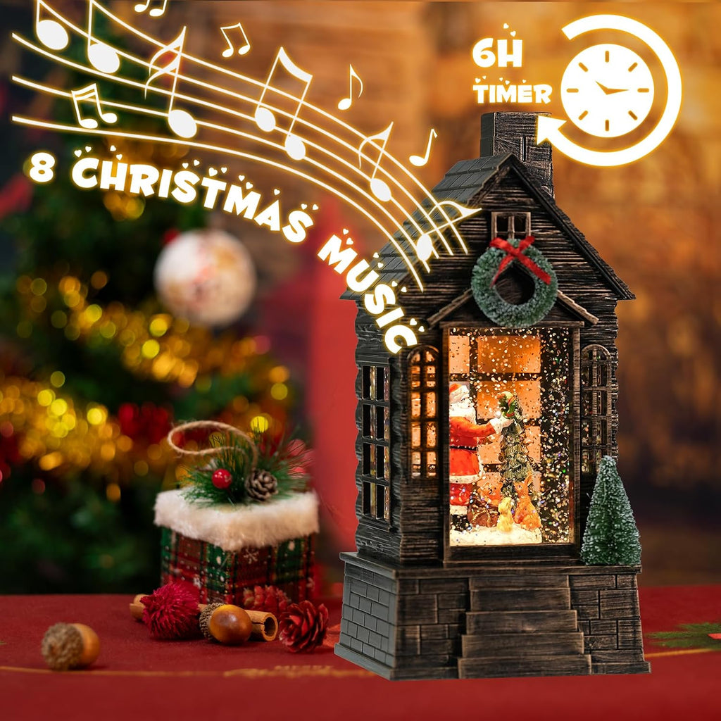 Christmas Snow Globes with Santa Claus, Musical Timer Snow Globe Lantern with Swirling Glitter, Lighted Snow Globe