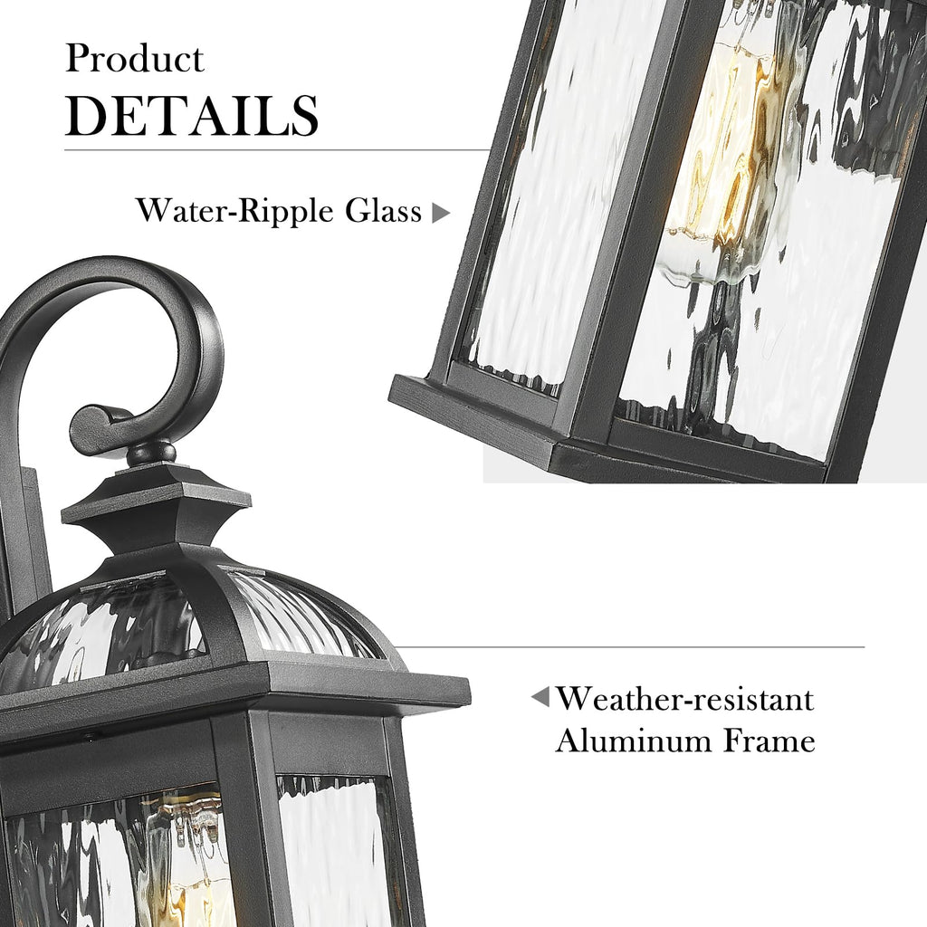 Outdoor Porch Lights Fixture Wall Mount, Exterior Wall Light with Water Ripple Glass Waterproof Black Outside Wall