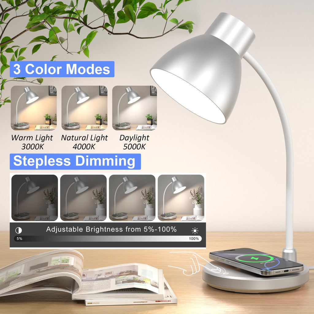 LED Desk Lamp with Wireless Charger, Silver