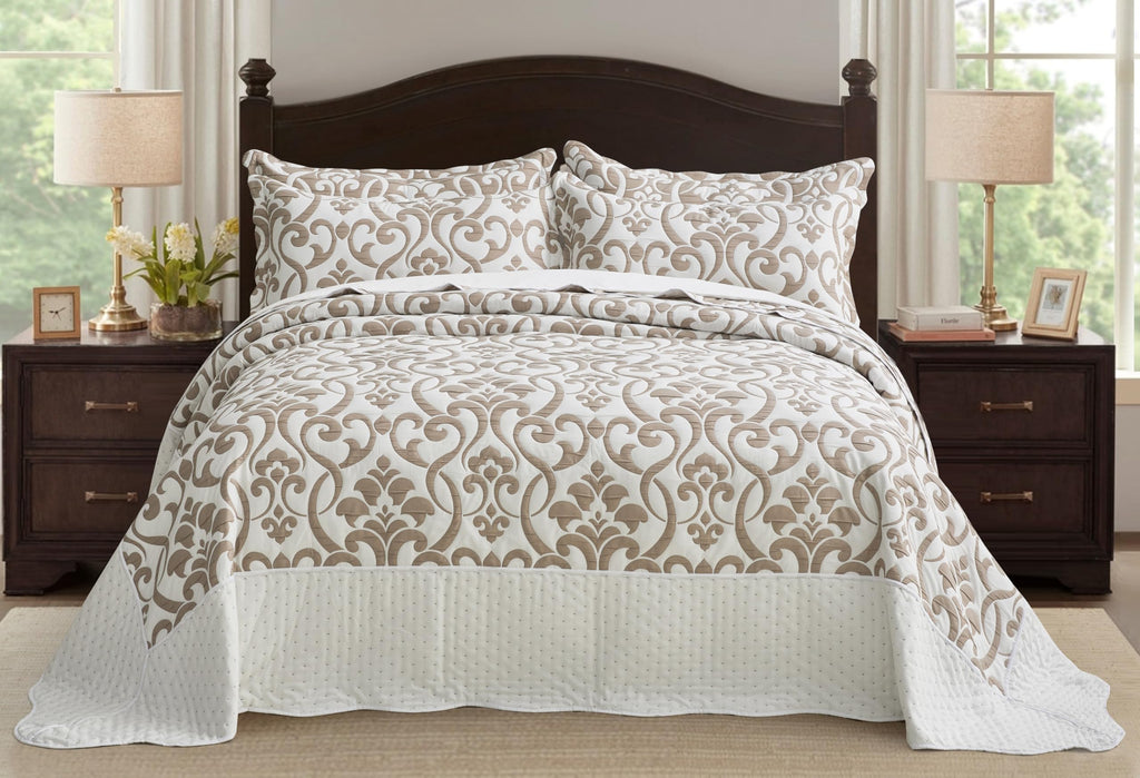 Oversized Bedspread 128x120, Jacquard Matelasse Floral Damask Design, 5-Piece Lightweight Reversible Microfiber