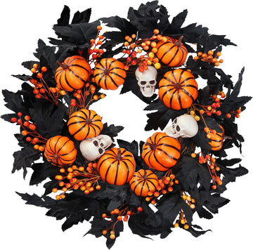 Halloween Wreath with Artificial Pumpkin Handmade Black Maple Leave Skull Pumpkin Orange Berries 20''Front Door