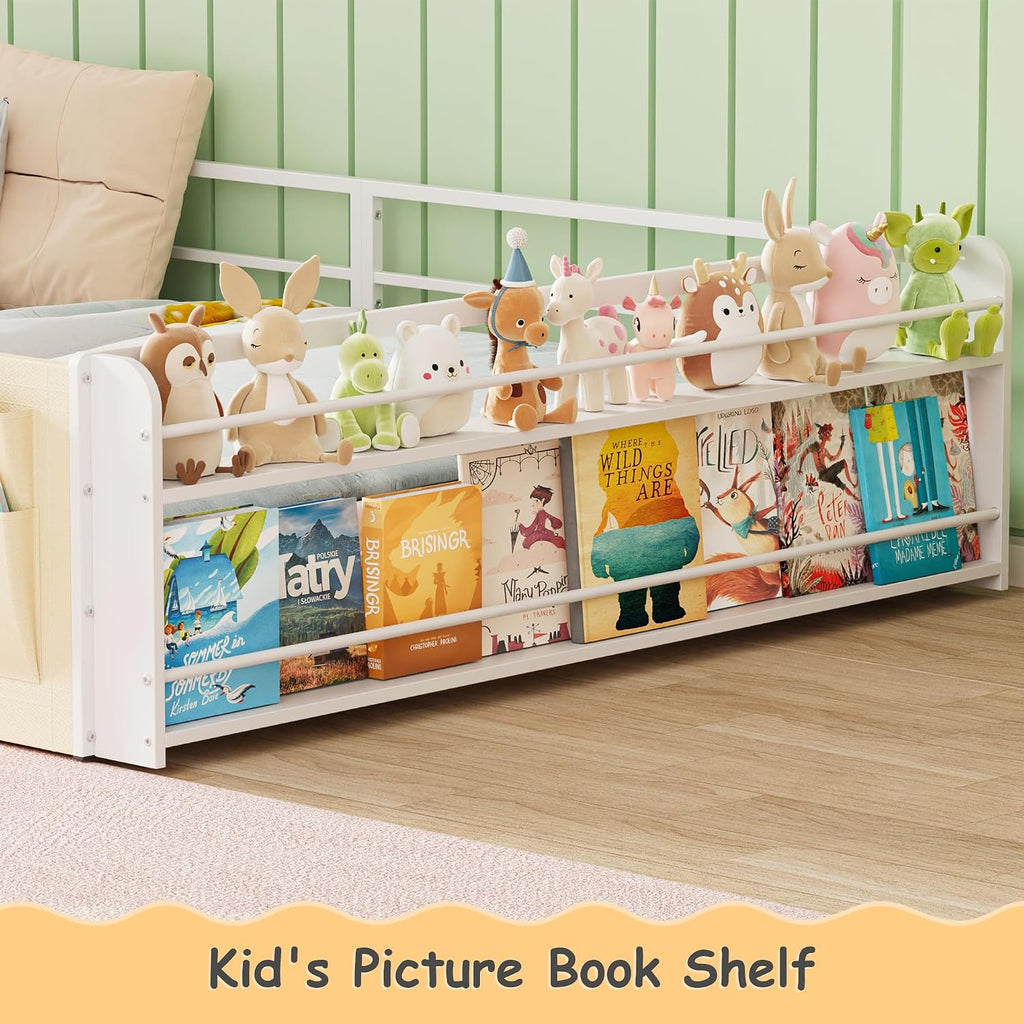 Montessori Floor Bed with Bookshelf & Storage Caddy