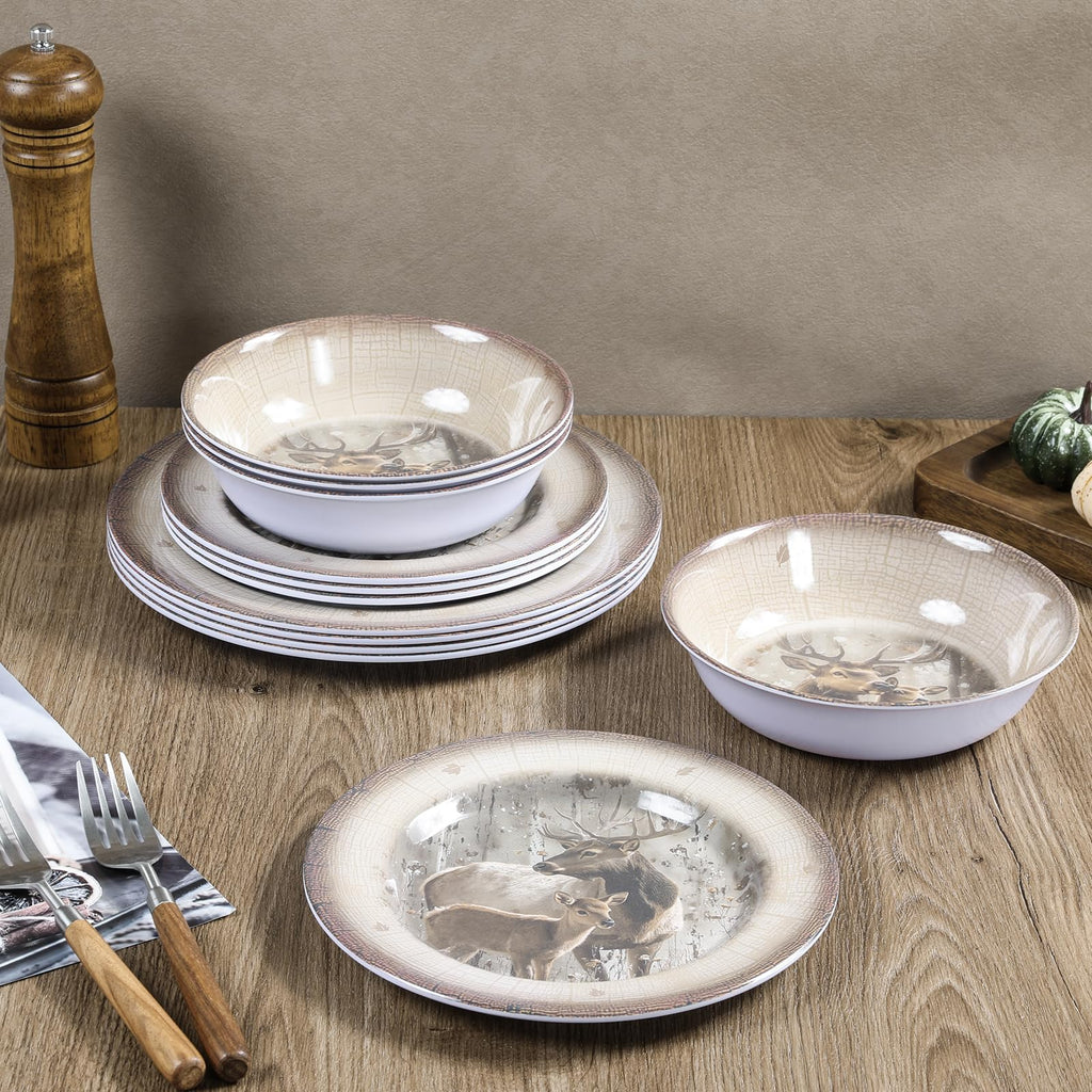 Melamine Dinnerware set for 4-12 PCS Deer Dinner Plates Bowls Set