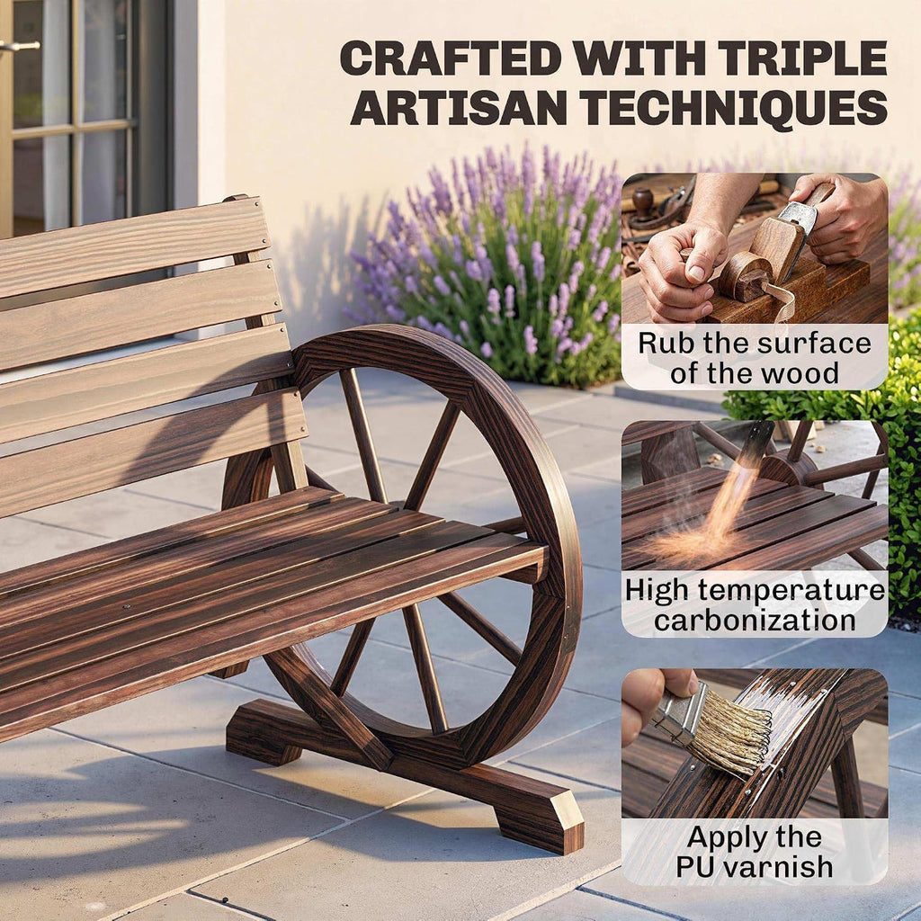 41" Wooden Wagon Wheel Bench Rustic Outdoor 2-Person Carbonized | Patio Bench, Weather Resistance Furniture, Slatted