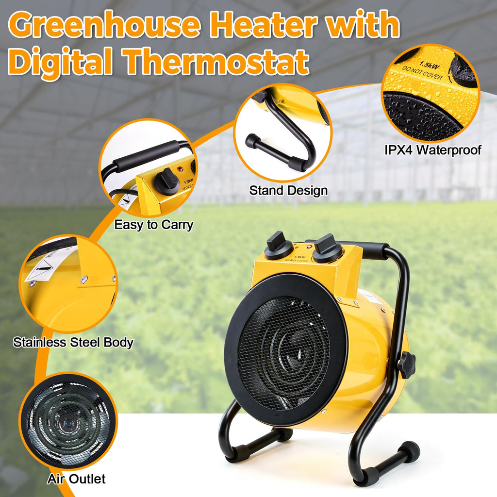 Greenhouse Heater with Thermostat, Electric Outdoor Heater, Yellow