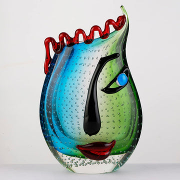 Hand Blown Art Glass Vase with face Art, Style,Multi-Colored