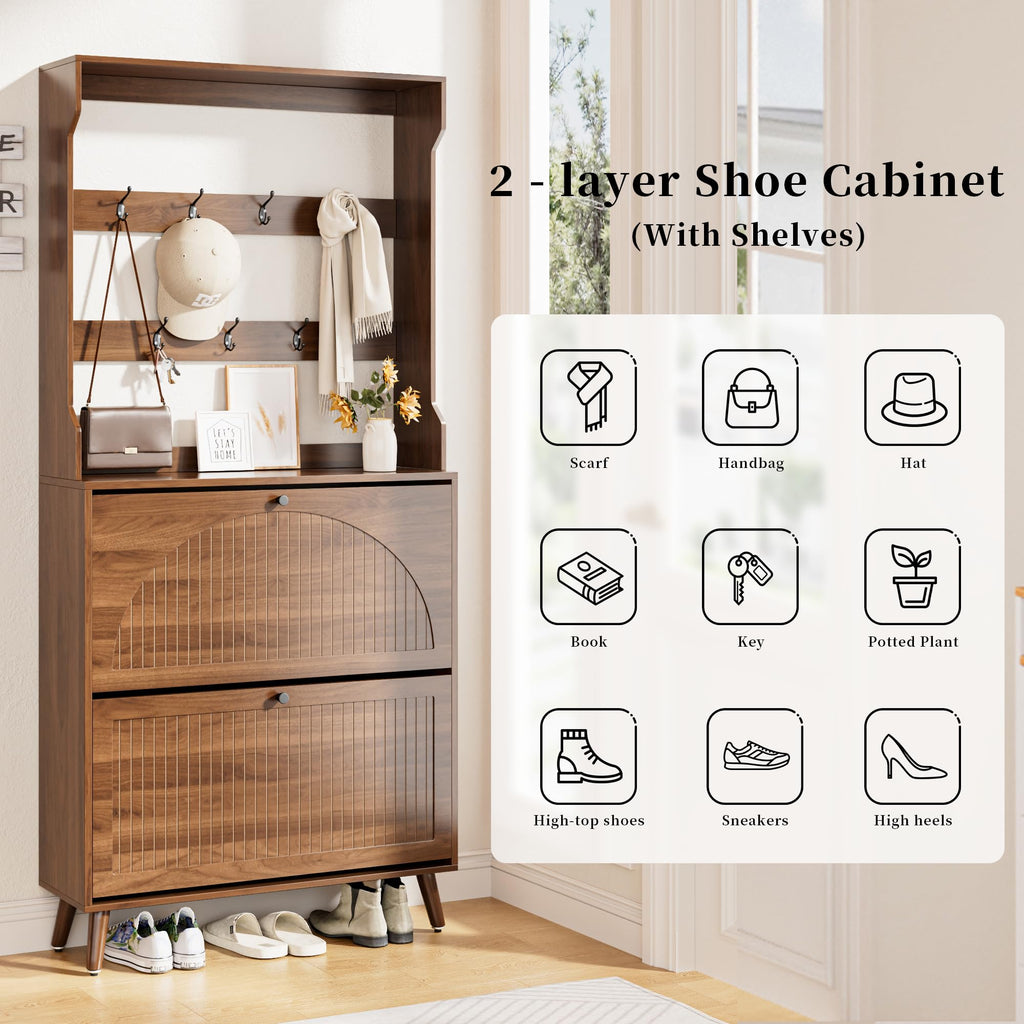 Shoe Storage Cabinet with 2 Fluted Flip Drawers & Coat Rack, Walnut