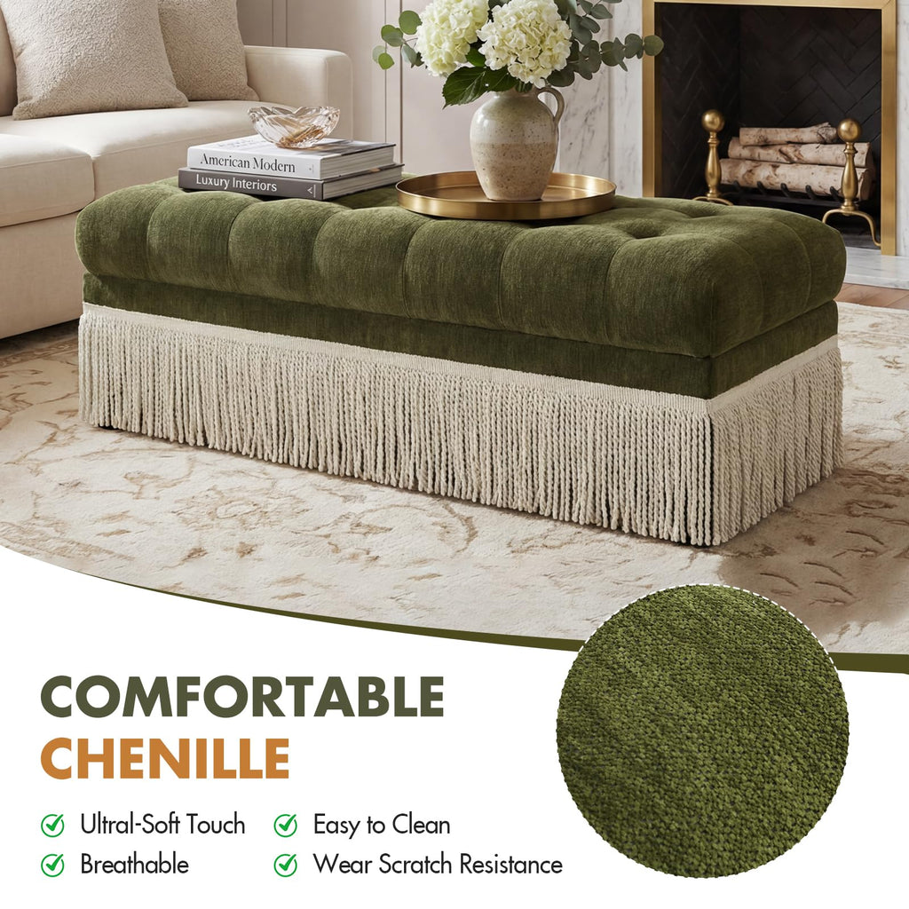 47-Inch Chenille Ottoman Bench Vintage Tufted Fringe Design Green