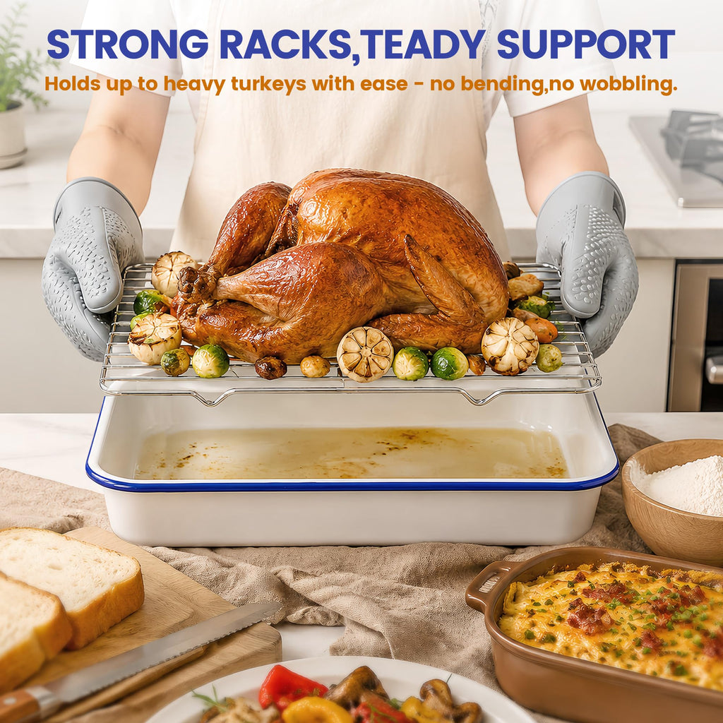 13x9 Inch Enamel Roasting Pan with Stainless Steel Rack, Heavy-Duty Rectangular Baking Pan for Oven Roasting, Baking