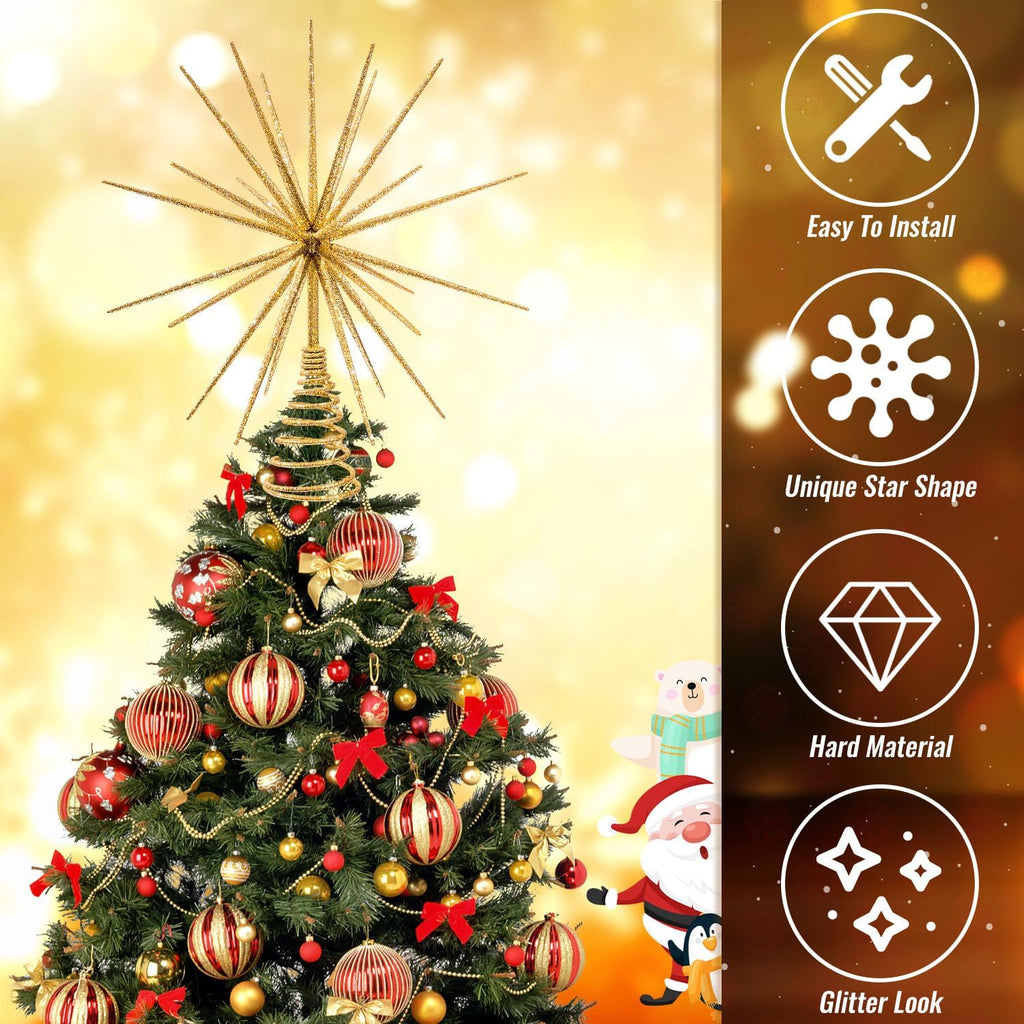13.7 Inch Gold Christmas Tree Topper - 3D Burst Gold Tree Topper, Exploding Star Christmas Tree New Year Holiday Tree