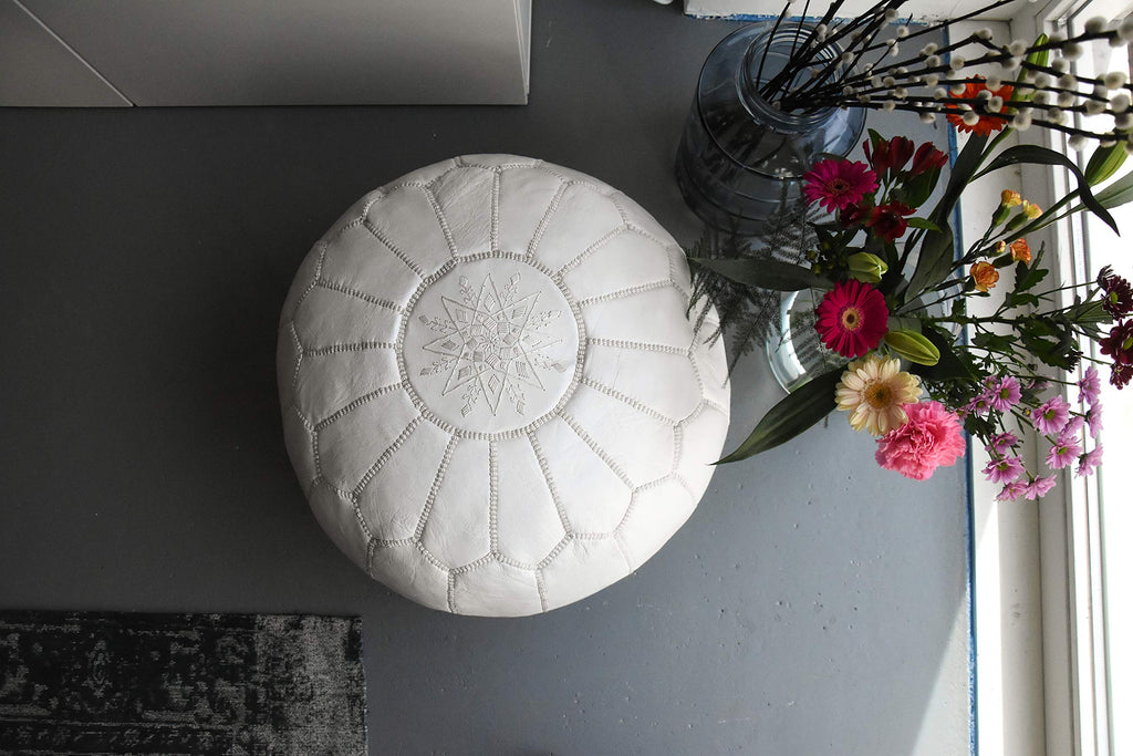 Premium Pouf - Handmade - Delivered Stuffed - Ottoman, Footstool, Floor Cushion (White)