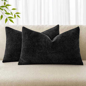 12x20 Inch Lumbar Textured Chenille Throw Pillow Covers Black
