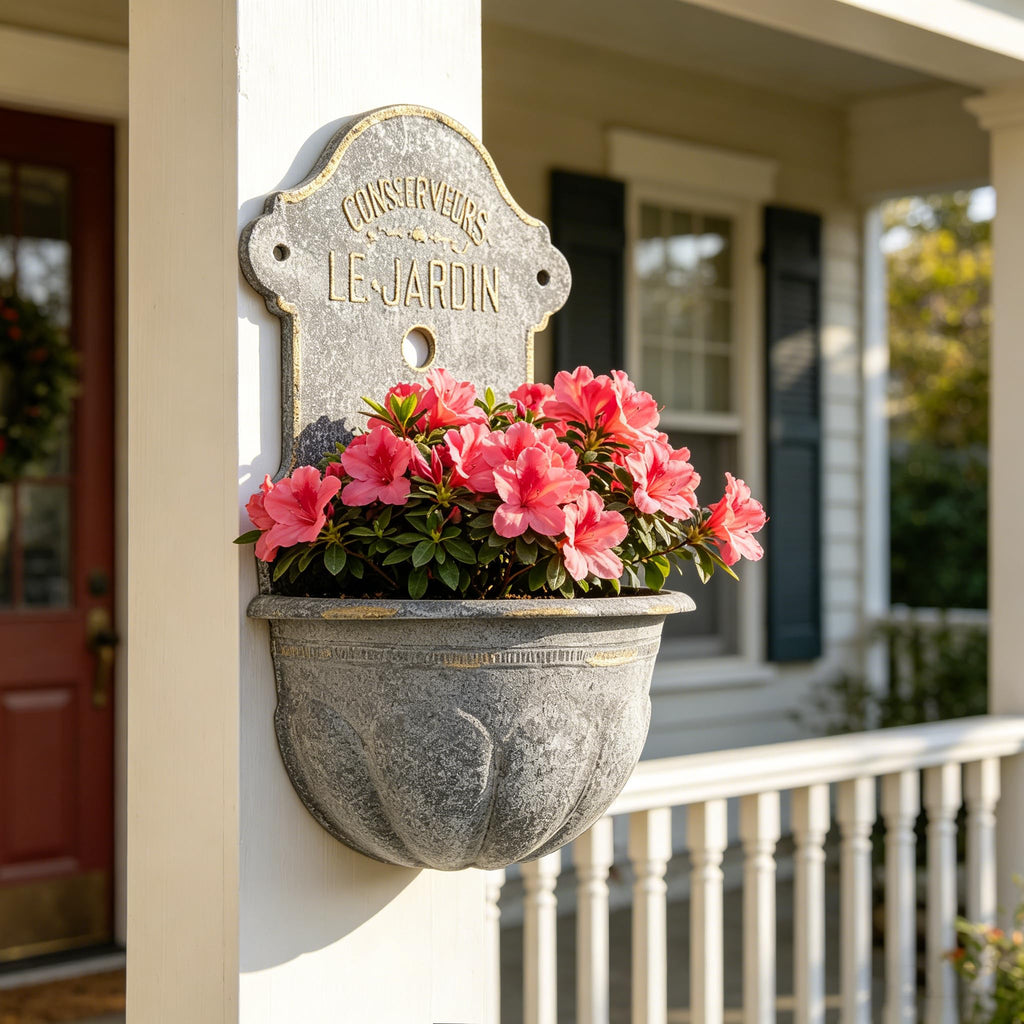 Large French Country Wall Planter, 27.95" H x 18.11" W Vintage Metal Le Jardin Wall Mounted Flower Pot, Rustic