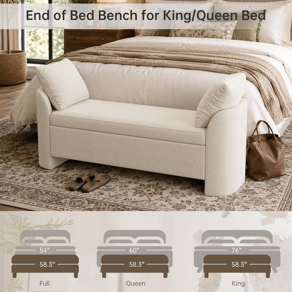 58.3" Upholstered Storage Ottoman Bench with 2 Throw Pillows, Beige | End of Bed Bench with Curved Arms and Thickened