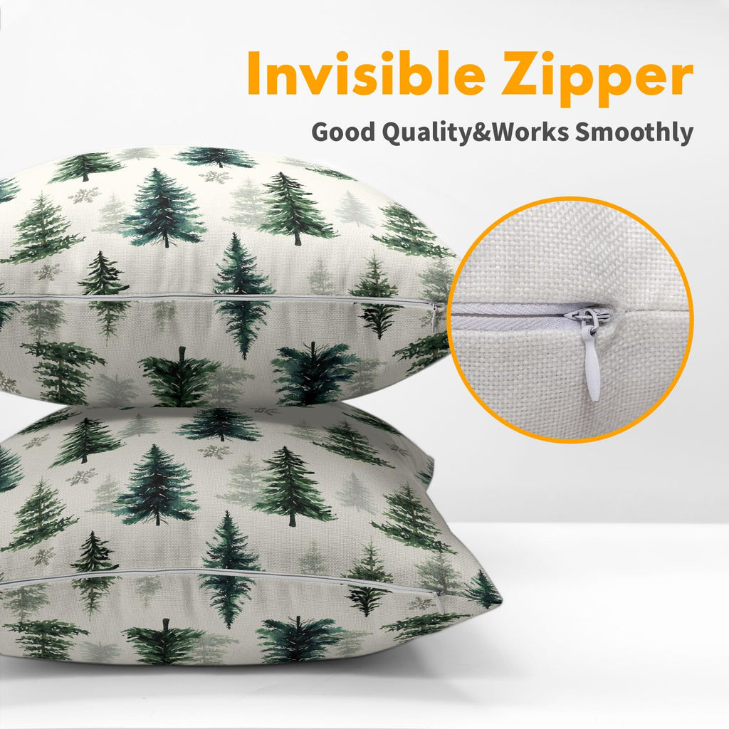 Green Christmas Tree Throw Pillow Covers 16X16 Inches Set of 2 Winter Snowflake White Pillowcase Soft Cotton Linen
