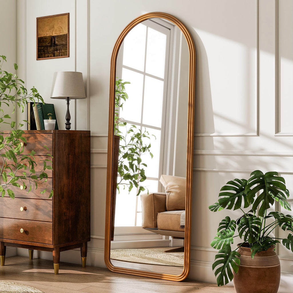 24x65 Inch Wood Arched Full Length Floor Mirror, Natural Wood