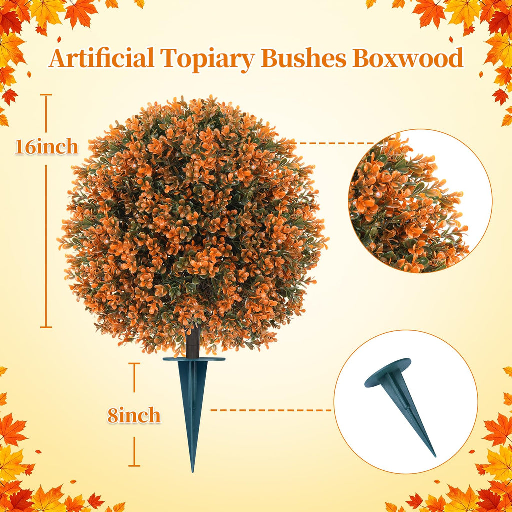 2 Pcs 24" Artificial Fall Boxwood Topiary Balls with Ground Spike