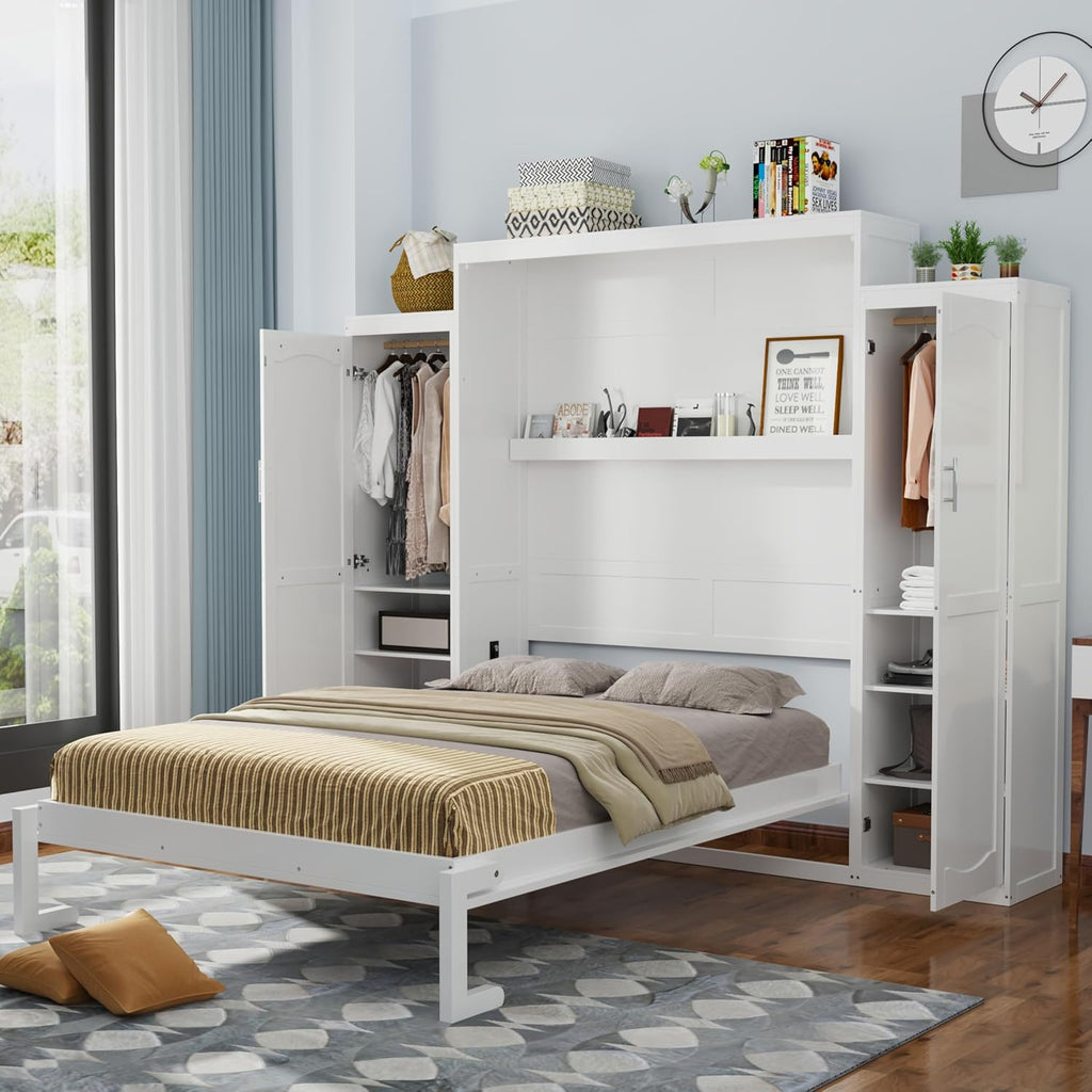 Full Vertical Murphy Bed with Wardrobe,Cabinet,and Storage Shelves,Wood Foldable Hidden Murphy Wall Bed for Adults