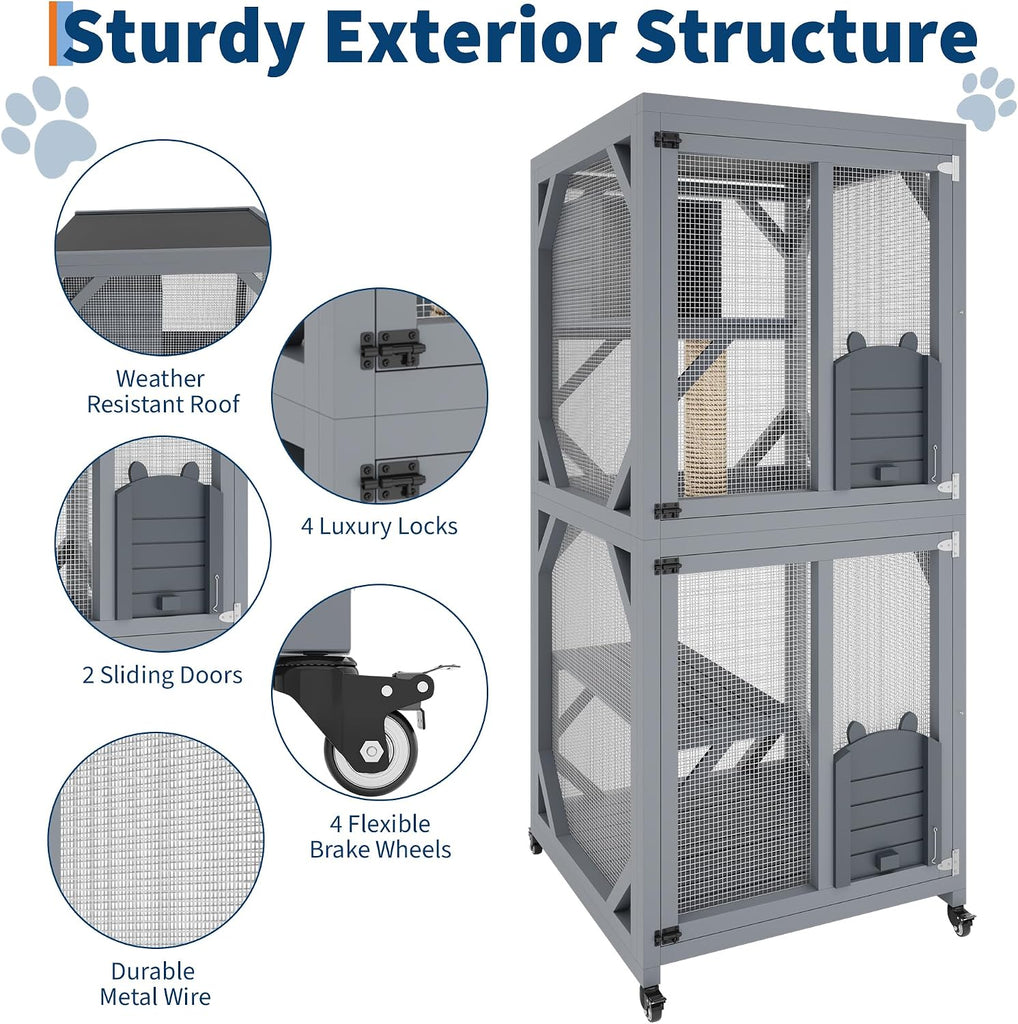 68 Inch Tall Catio, Large Outdoor Cat Enclosure with 4 Tier Design & Wheels