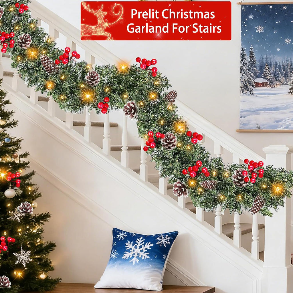 Timer & 8 Modes-9 Ft by 10 Inch Christmas Garland Decorations 50 Warm White Lights Lighted 270 Branch 70 Red Berries