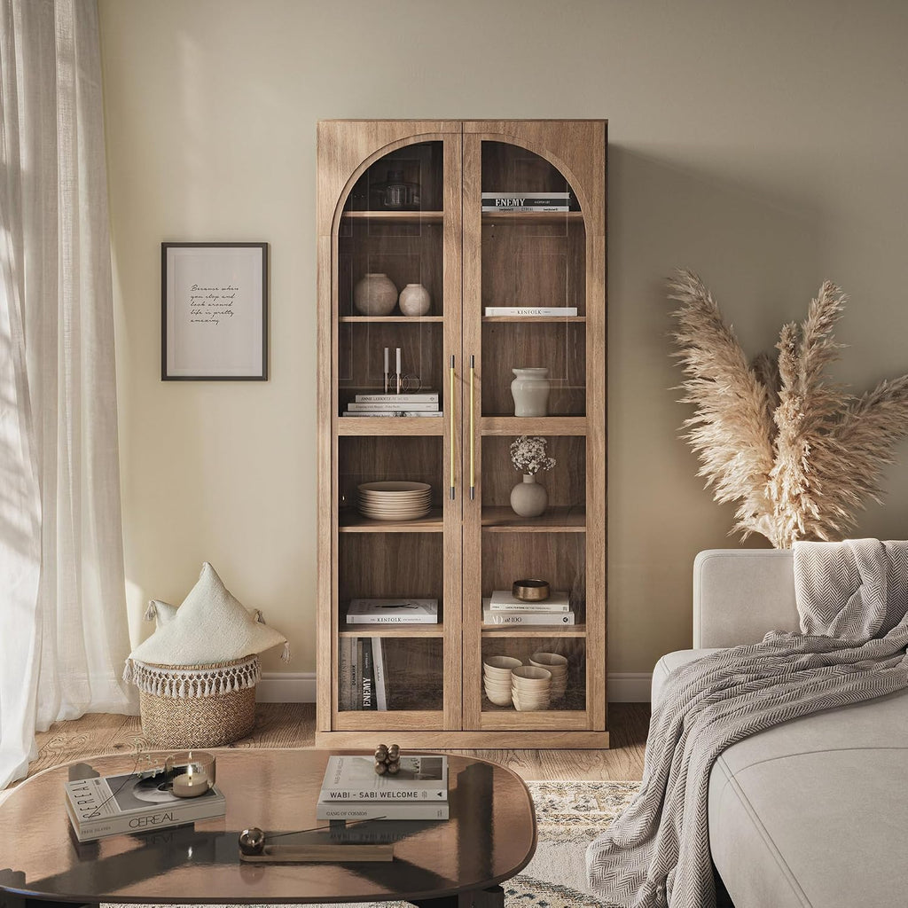 67" Jagger Glass Display Cabinet - Camel | 6-Tier,Wood Curio Cabinet,Adjustable Shelf,Trophy Showcase,Modern,Living
