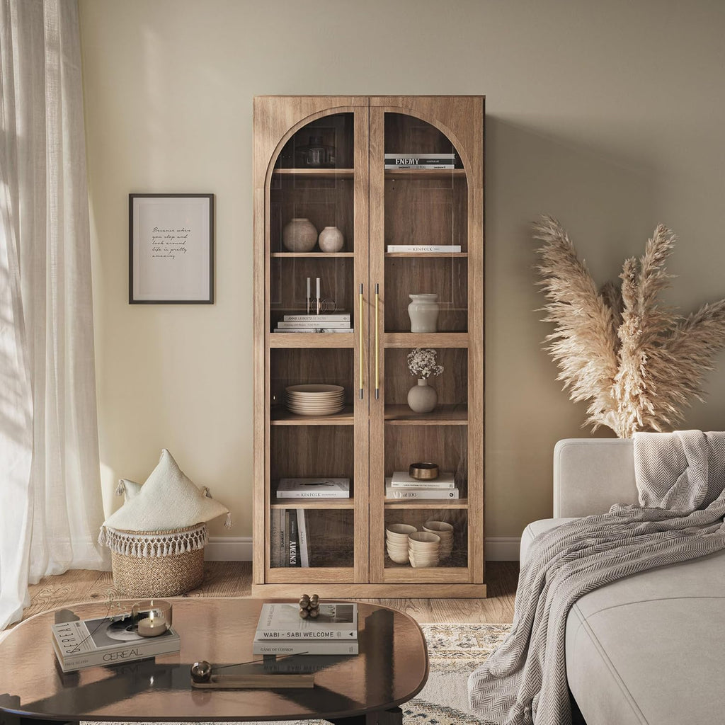Modern Wood Wine Curio Cabinets with 4 Adjustable Shelves, 67" Storage Cabinet, 6 Shelf Glass Bookshelf Display